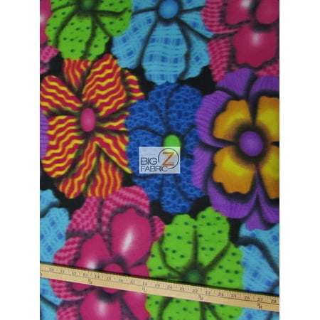 Flower Print Fabrics - Fleece Printed Fabric Flower / Big Rainbow Flowers / Sold By The Yard