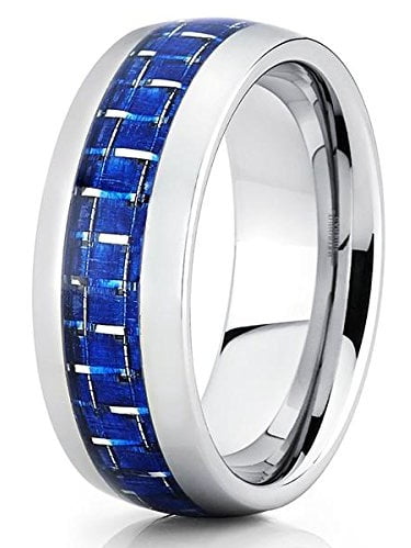 8mm Men & Ladies Gold Tungsten Carbide Blue Carbon Fiber Inlay Wedding Band Ring 
