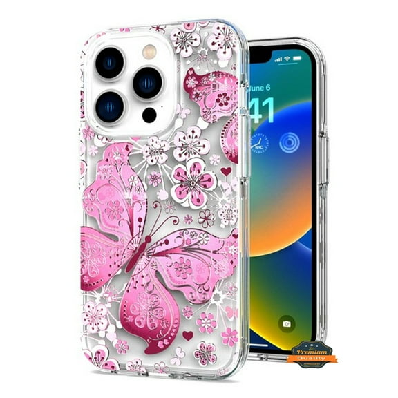 For Apple iPhone 17 Pro Hybrid Dazzling Case with Stylish Design Trendy Pattern, Slim PC & TPU Cover - Pink Butterfly