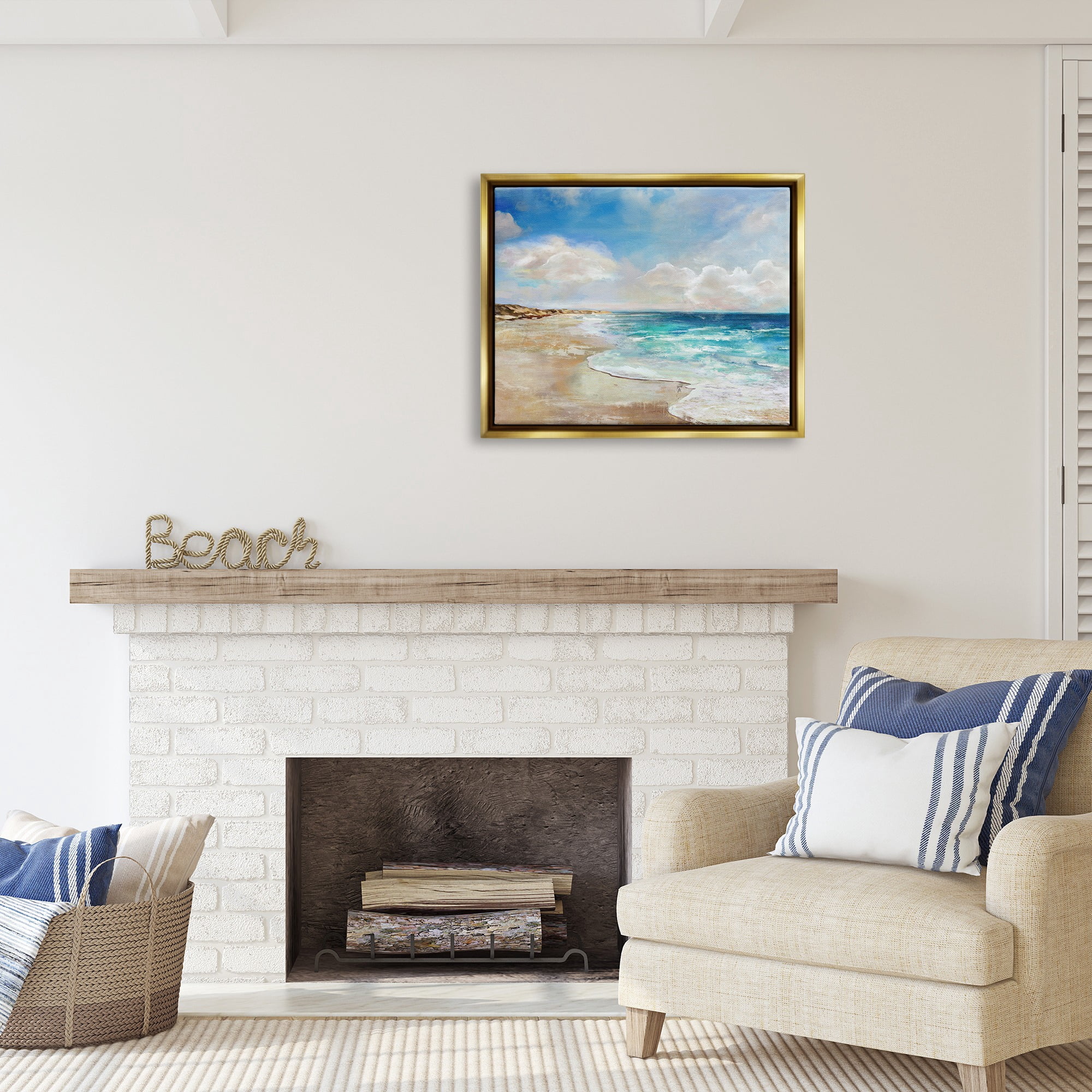 Stupell Industries Abstract Beach Shore Scene Nature Painting Gold Floater Framed Canvas Art Print Wall Art, 31 x 25
