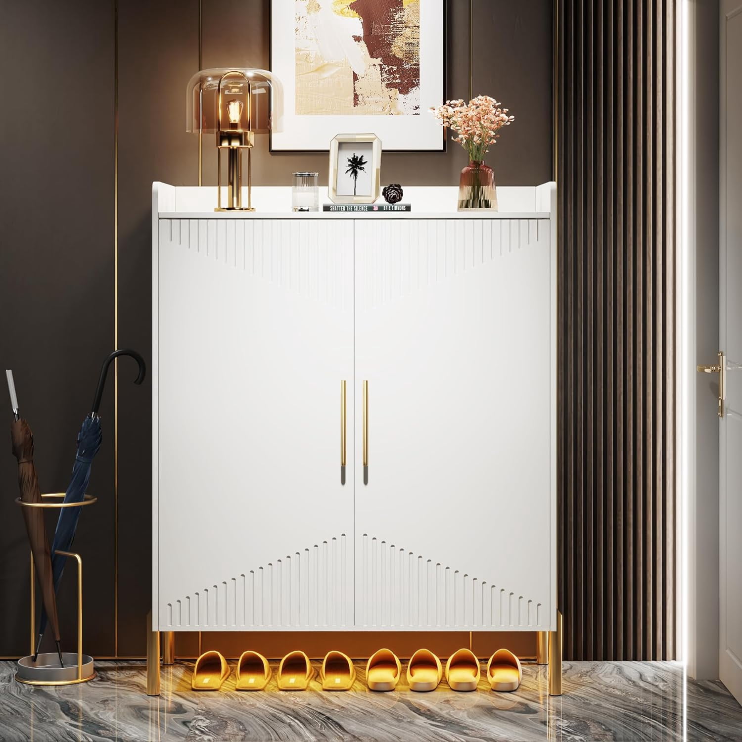 Tribesigns 6-Tier Shoe Storage Cabinet with Doors, 30 Pairs Shoe Rack Organizer for Entryway, White & Gold