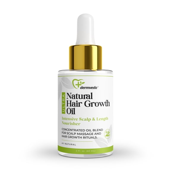 Dermveda Ultra Natural Hair Growth Oil, Scalp Massage, Blend With Castor Oil, Coconut Oil, Jojoba, Argan Oil, Rosemary, Amla, Bhringraj, Brahmi, Lavender Peppermint Essential Oils, 2 Fl Oz