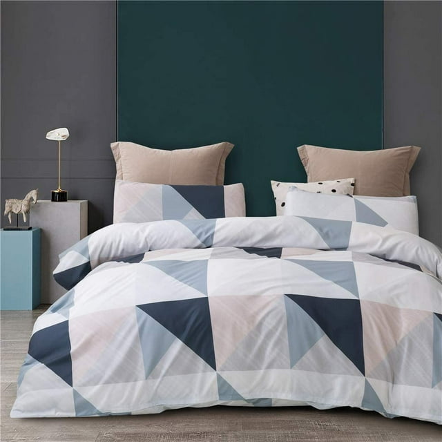 3 Pcs Queen Boho Multicolor Triangle Duvet Cover, Black Geometric Pattern Printed on White Bohemian Comforter Cover Bedding Set (Multicolor Triangle, Queen)
