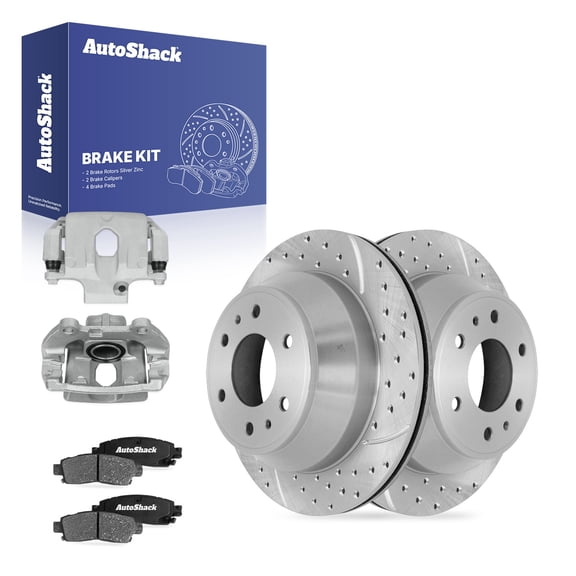 AutoShack Rear Vented Drilled & Slotted Silver Zinc Coated Brake Rotors   Ceramic Pads   Calipers 8-PC Brake Kit Replacement for 2002-2009 Chevrolet Trailblazer SilverShield Pro 12.8" (325 mm)