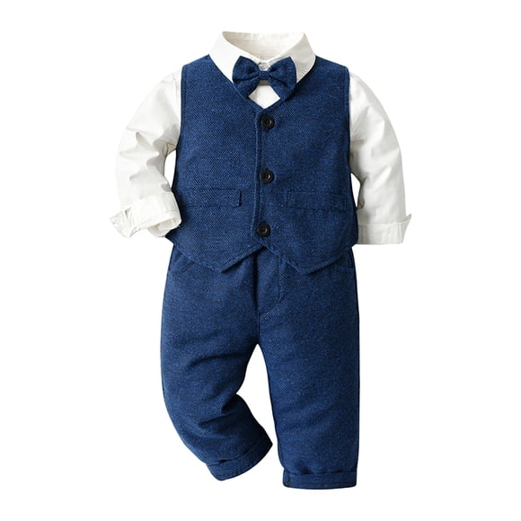Pandaie Complet pour Bébé Garçon Tenue Formelle Tout-Petit Enfants Ensemble 3 Pcs Gilet Vêtements Gentleman Chemise à Manches Longues Pantalon Salopette Ensemble Bleu 3-4 Ans