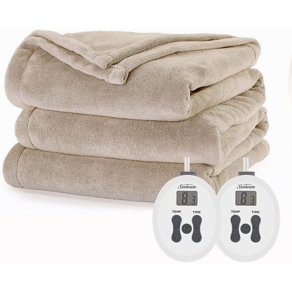 Sunbeam Ultraplush Heated Blanket | 12 Heat Settings - Queen (Beige)