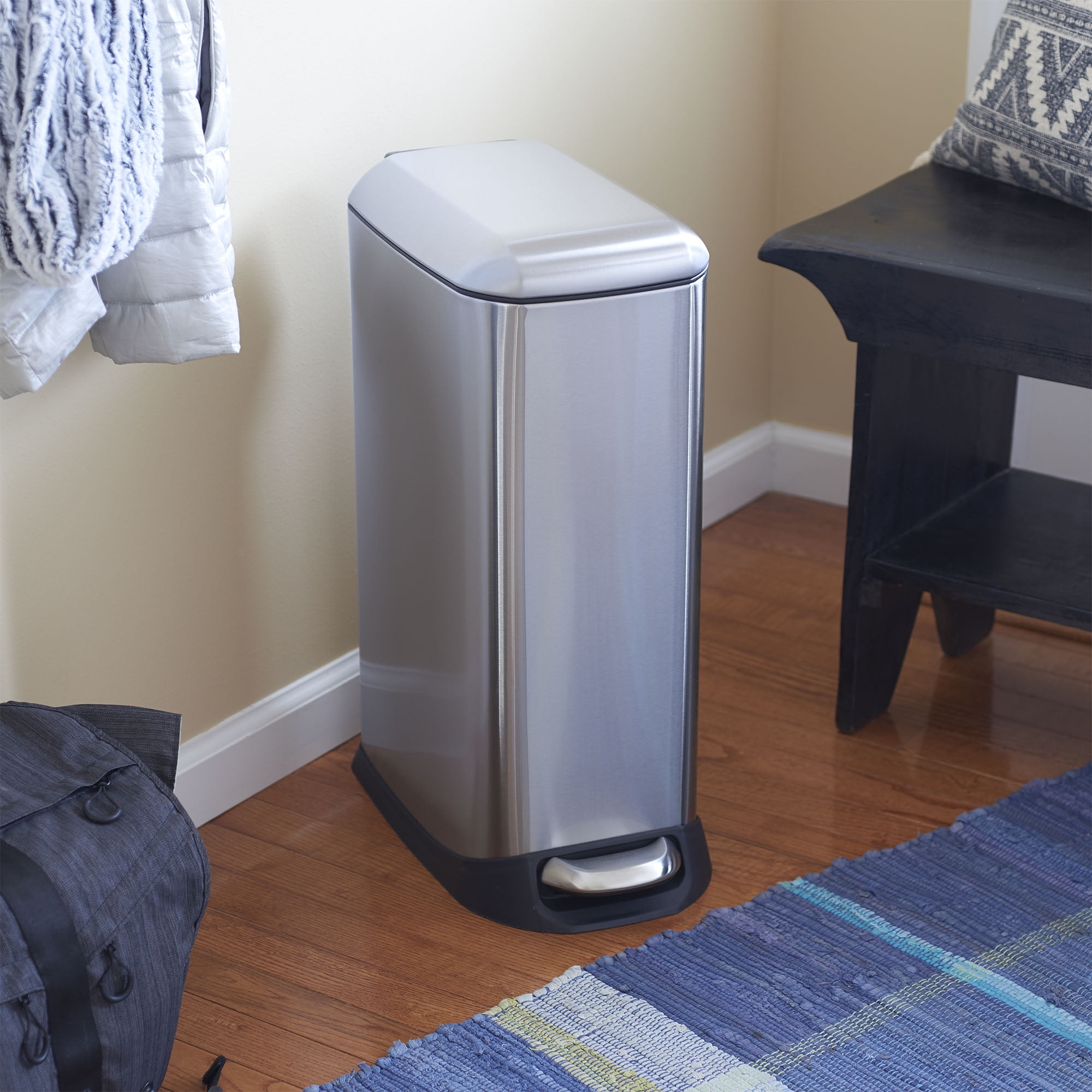 Design Trend Oval Slim Stainless Steel Step Trash Can with Soft Close Lid | 20 Liter / 5 Gallon, 16.26" L x 21.73" W x 9.25" H, Silver