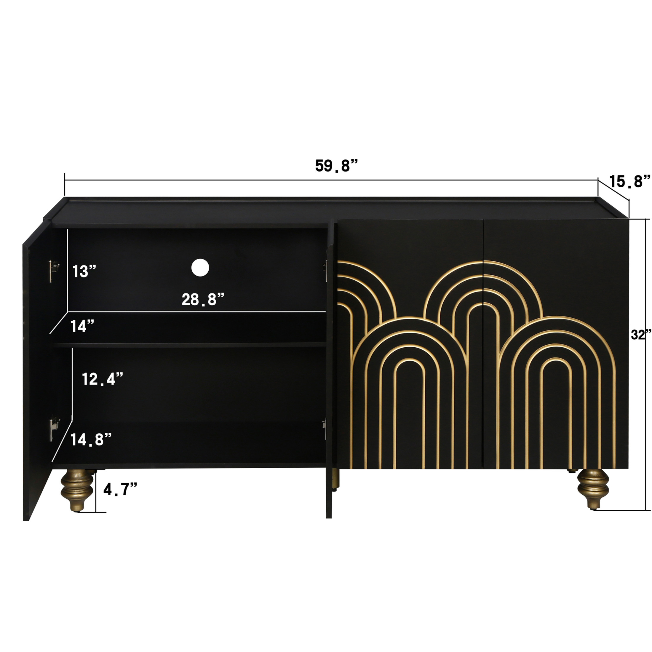 Noble House Modern Fluted Sideboard Buffet with 4 Doors and Adjustable Shelves, Curved Line Design Storage Cabinet for Dining Room, Black