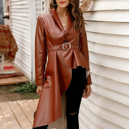 

Juebong Autumn And Winter Women s Sexy Cardigan Solid Mid Length Imitation Tuxedo Leather Coat Brown XL