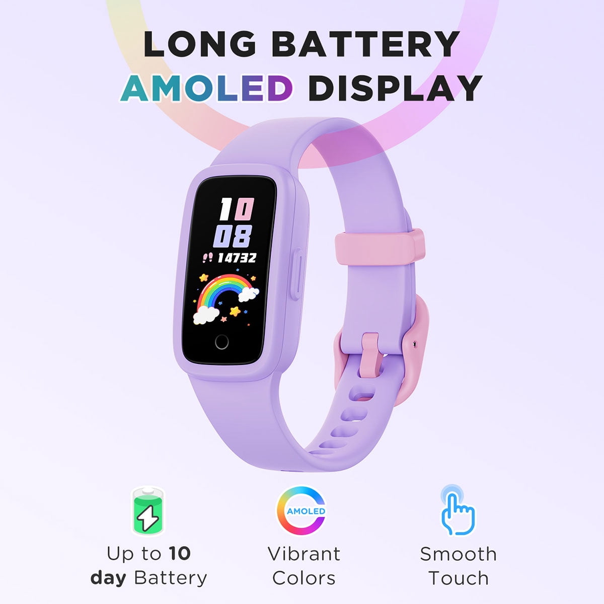 BIGGERFIVE Vigor 3 Kids Fitness Tracker Watch, AMOLED Screen, No App No Phone Needed, 3ATM Waterproof, Heart Rate and Sleep Monitor, Pedometer Watch, Sports Step Counter for Girls Ages 5-15, Lilac