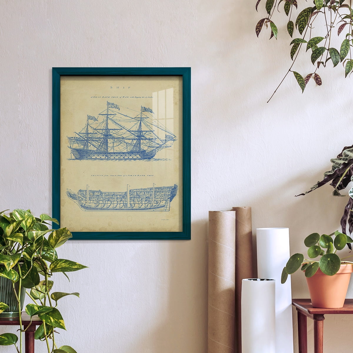 Vintage Ship Blueprint -Framed Print w/glass-Ocean Blue