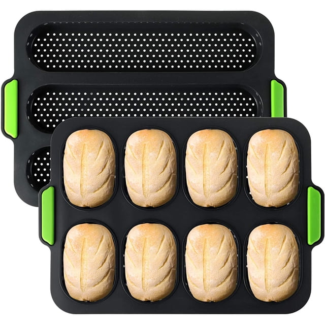 Set de 2 Moldes Silicona para Baguette y Pan Francés Perforados Antiadherentes 3 Ondas y 8 Cavidades Horno