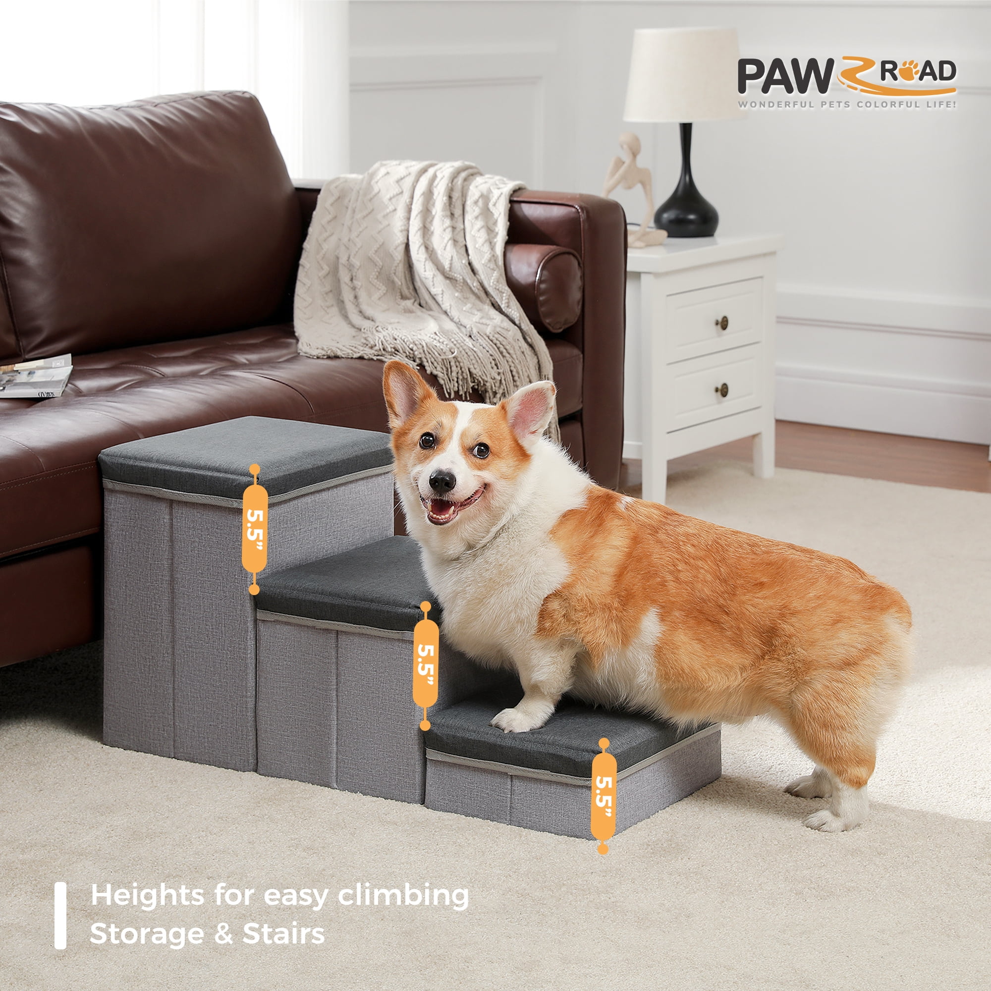 PAWZ Road Pet Stairs 3-Step Dog Ramp Ladder with Storage Boxes Folding Cat Dog Ramp for High Bed Couches,Brown