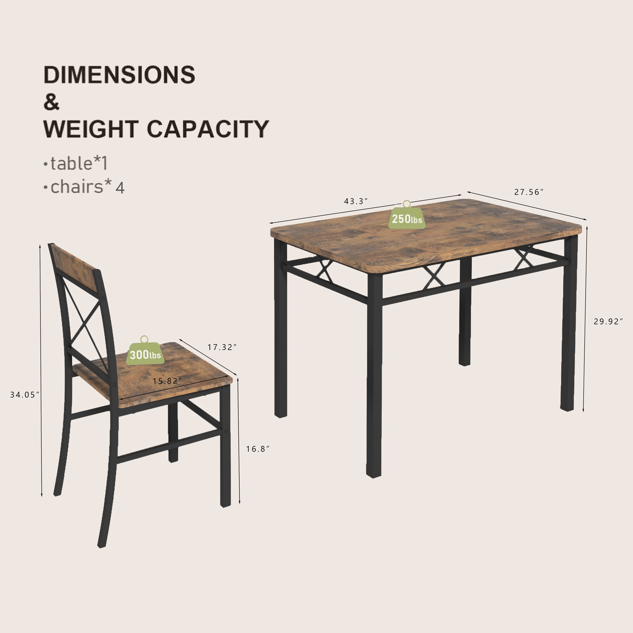 Aukfa Dining Table Set for 4, Wood Kitchen Table with Dinning Chair for Small Space, Brown
