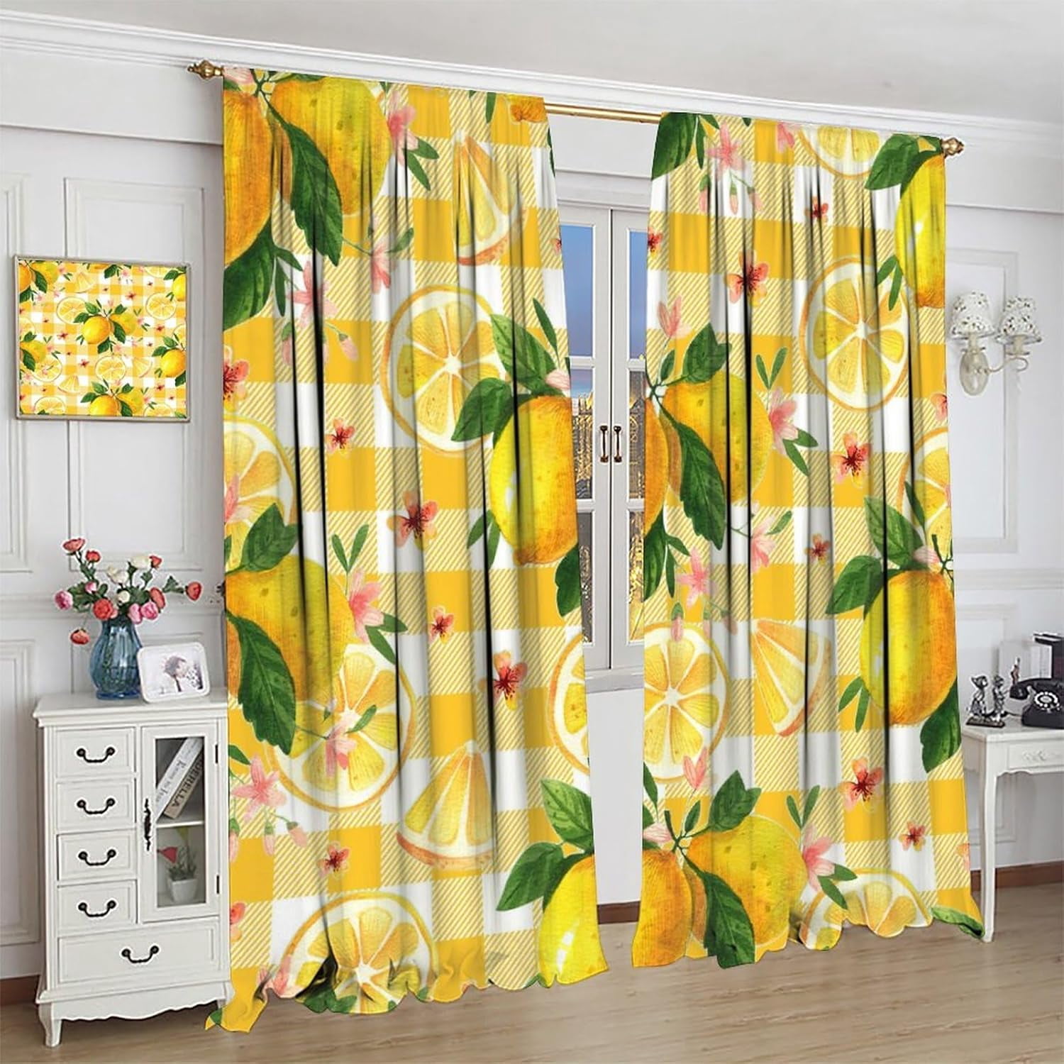 Watercolor Lemon Curtains, Summer Lemon Floral Natural Fruit Themed Yellow Lattice Print Design, Bedroom Living Room Blackout Noise Reduction Curtains, 2 Panel Set,42X54 Inch