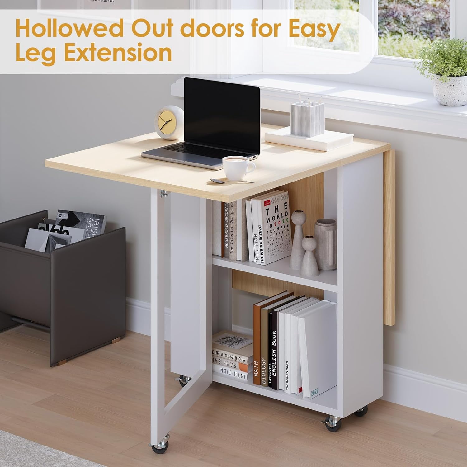 Kuublock Folding Dining Table with 2 Storage Racks, Space Saving Dining Table with 6 Wheels, Kitchen Table for Small Spaces