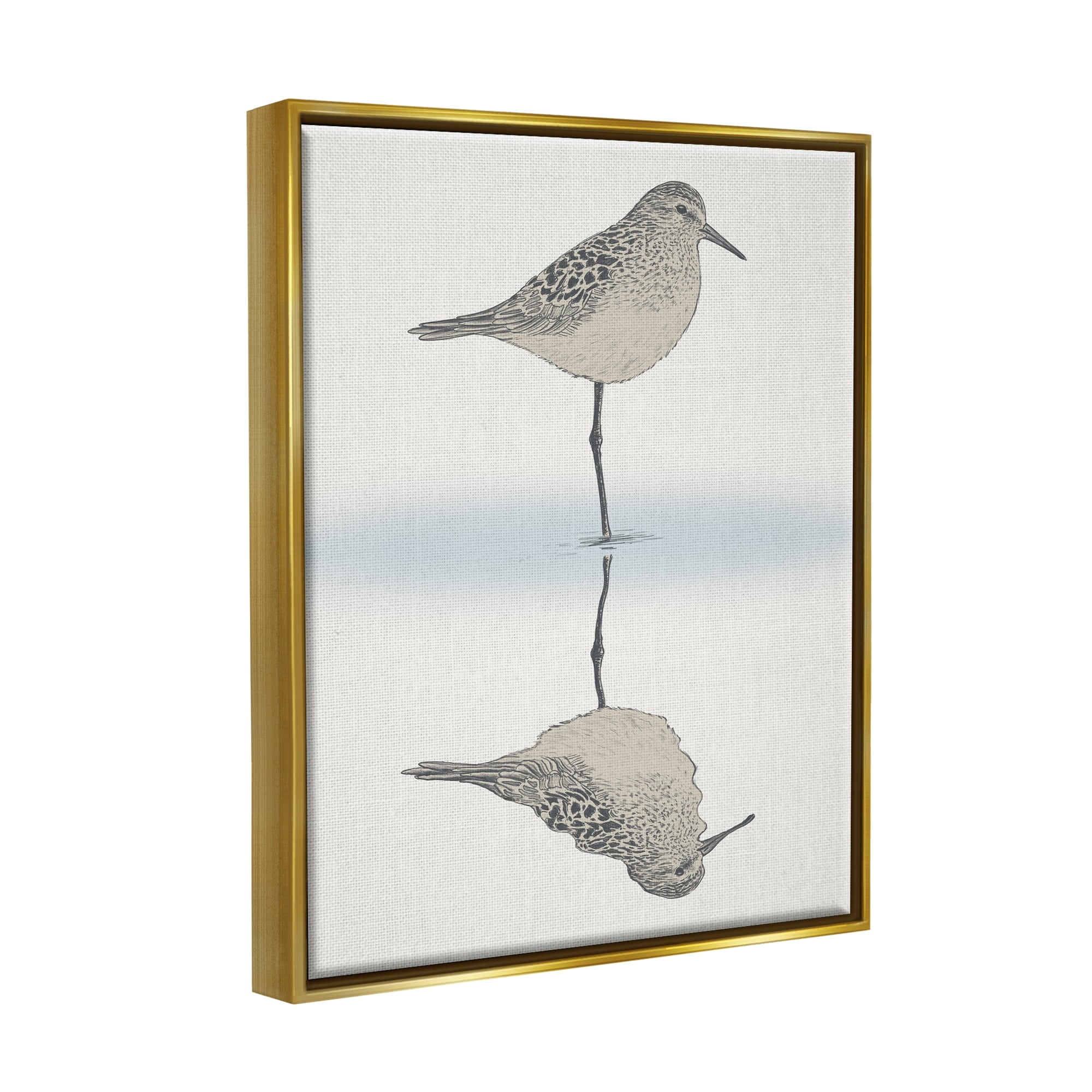 Stupell Industries Soothing Sandpiper Bird Standing Ocean Shoreline Reflection Graphic Art Metallic Gold Floating Framed Canvas Print Wall Art, Design by Ziwei Li