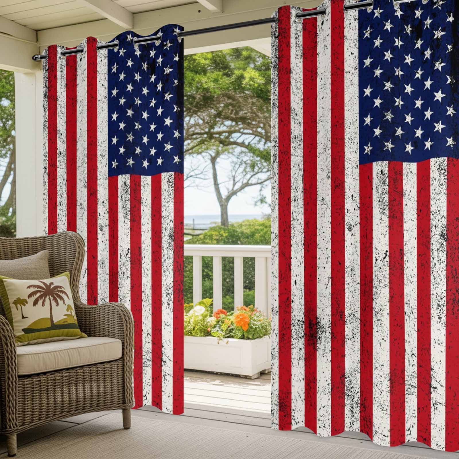 Independence Day Outdoor Curtains for Patio, American Flag Star Red Stripes Vintage Sunshade Privacy Drapes Grommet Waterproof Outside Curtains for Porch/Cabana/Balcony 54"x 108", 1 Panel