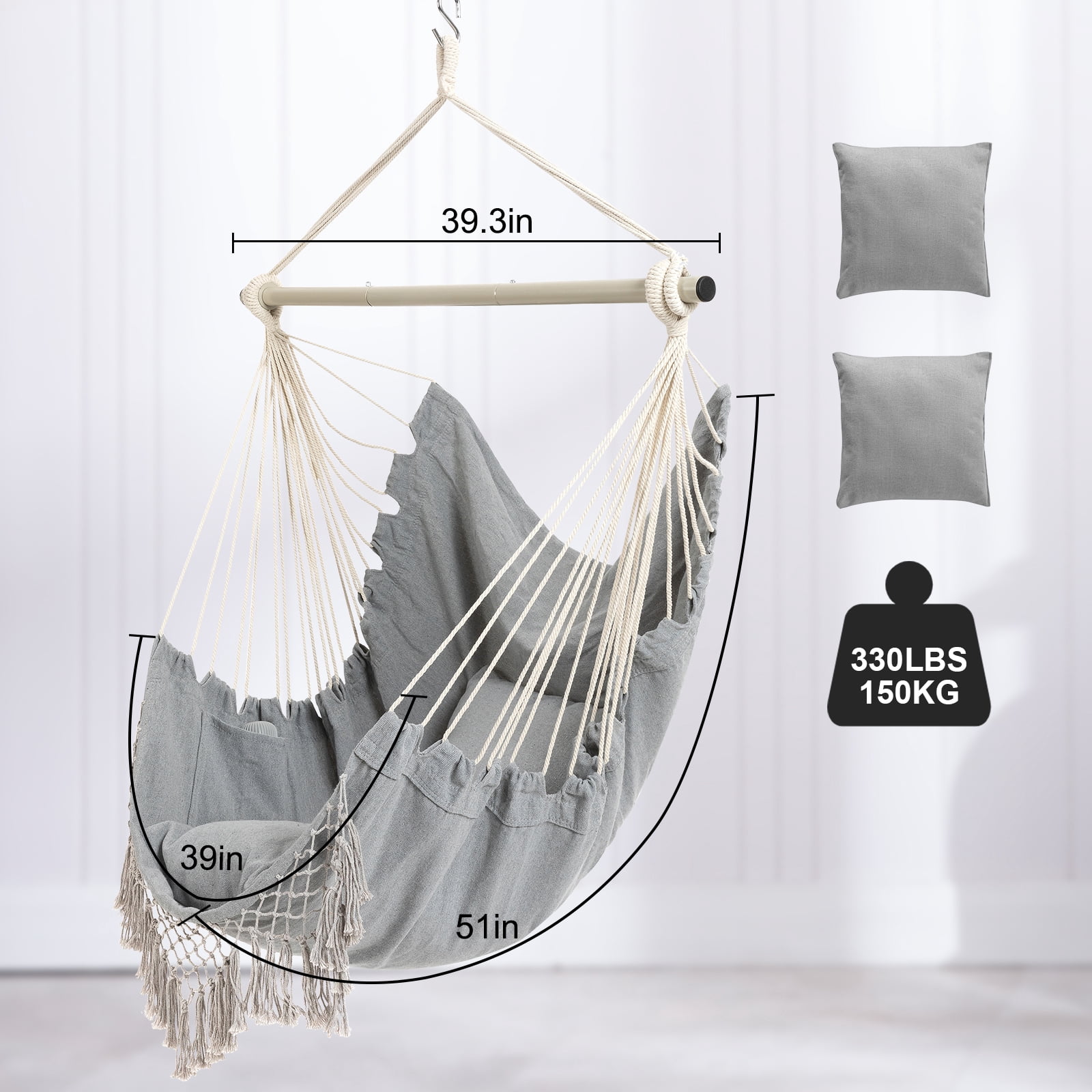 YAERSI Sturdy Lightweight Comfortable Hanging Rope Swing with Cushions, Gray