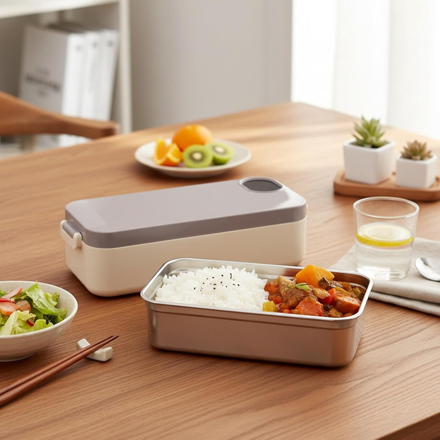 Rechargeable Self-Heating Lunch Box, 900ml/30oz Bento Box, 4 Temperature Control, 7200mAh Portable Food Warmer, Stainless Steel Inner Container, Heated Lunch Container for Office, Travel, Car
