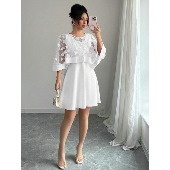 White Womens Elegant Floral Appliqué Chiffon Overlay A-Line Short Dress With Bell Sleeves