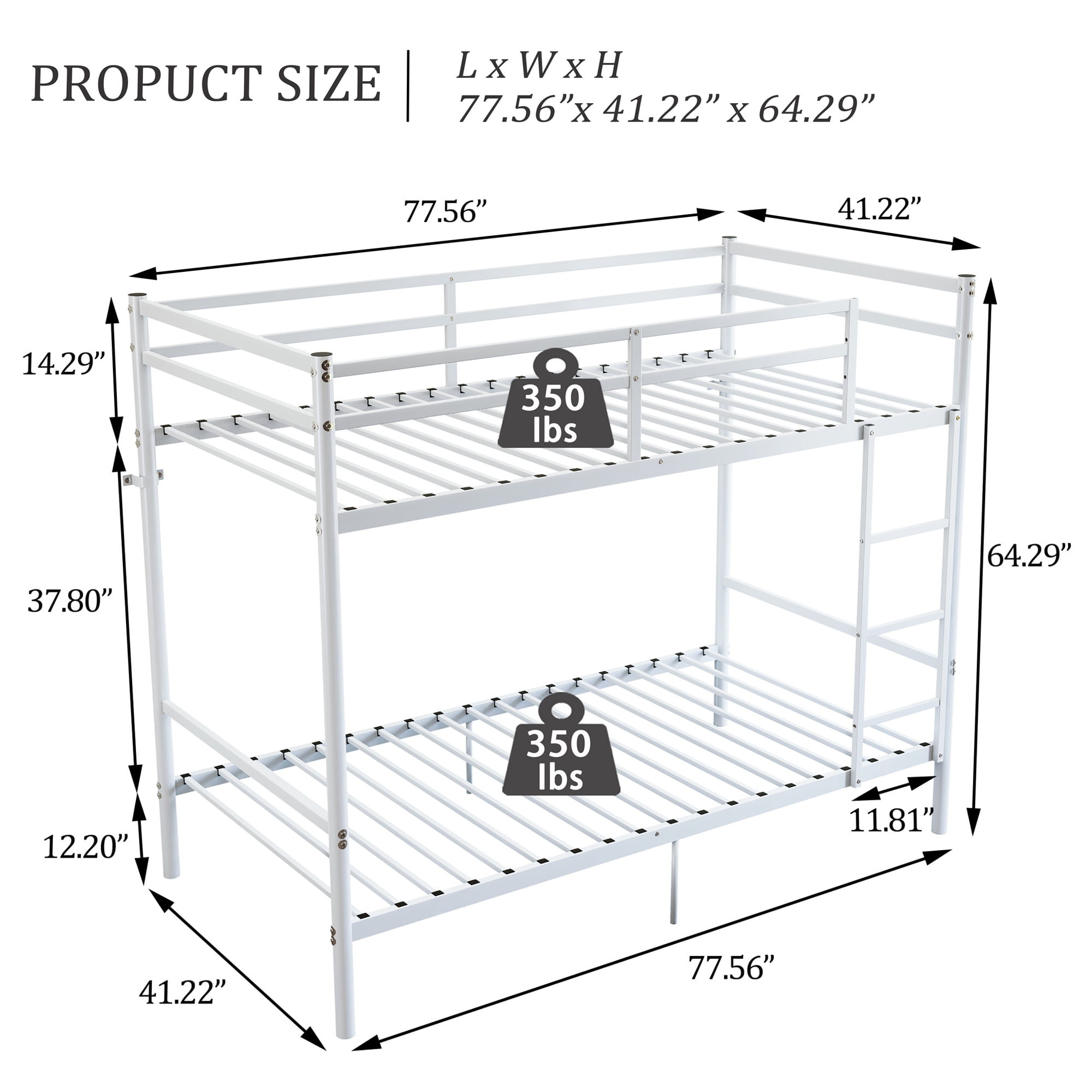 GARITIN Bunk Bed Twin over Twin with Ladder and High Guardrails, Heavy Duty Metal Bed Frame with Under-Bed Storage for Adults, White