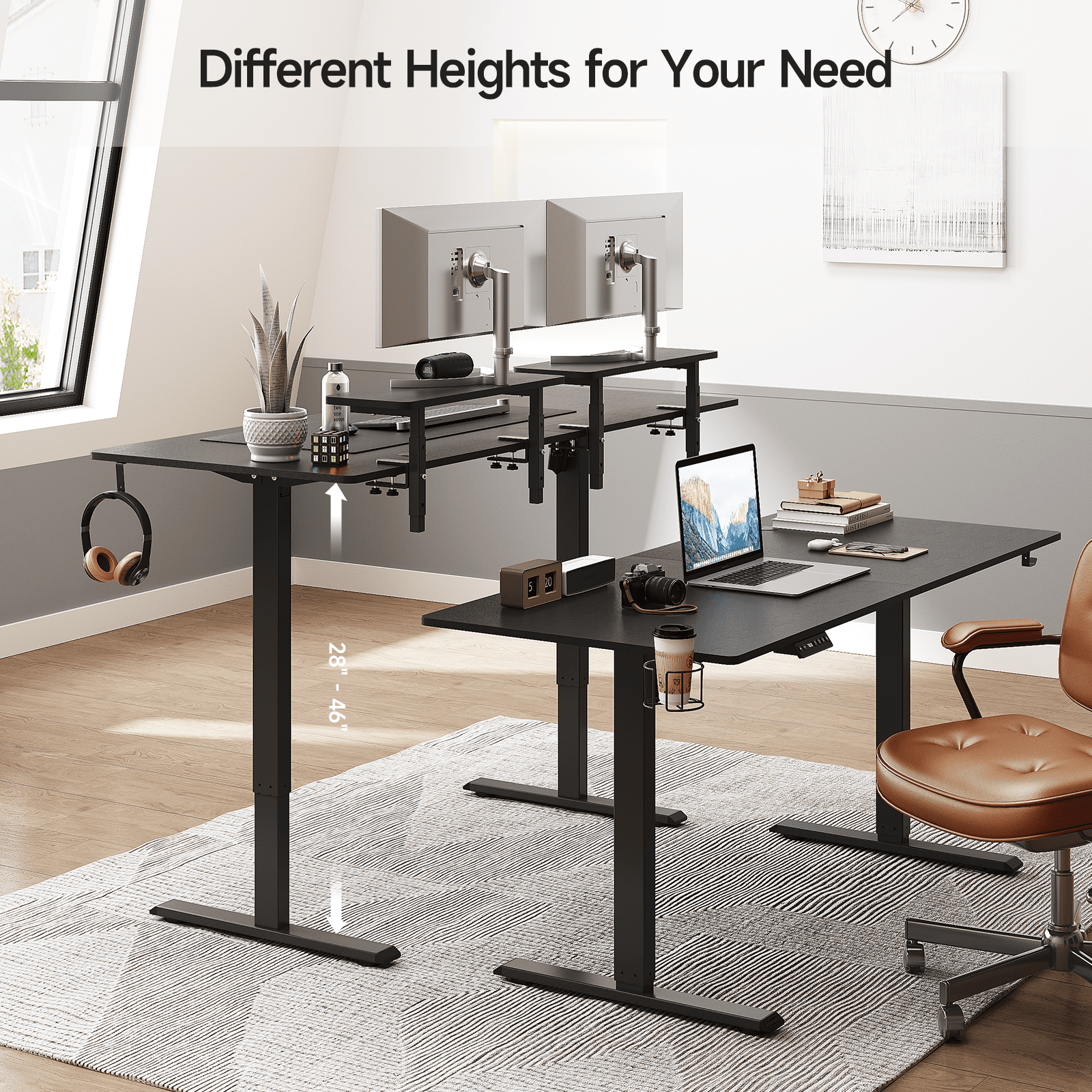 63 x 24 Inches Standing Desk with 2 Adjustable Monitor Shelves,  Electric Stand Up Desk Adjustable Height from 28-46 inches for Home and Office, Black
