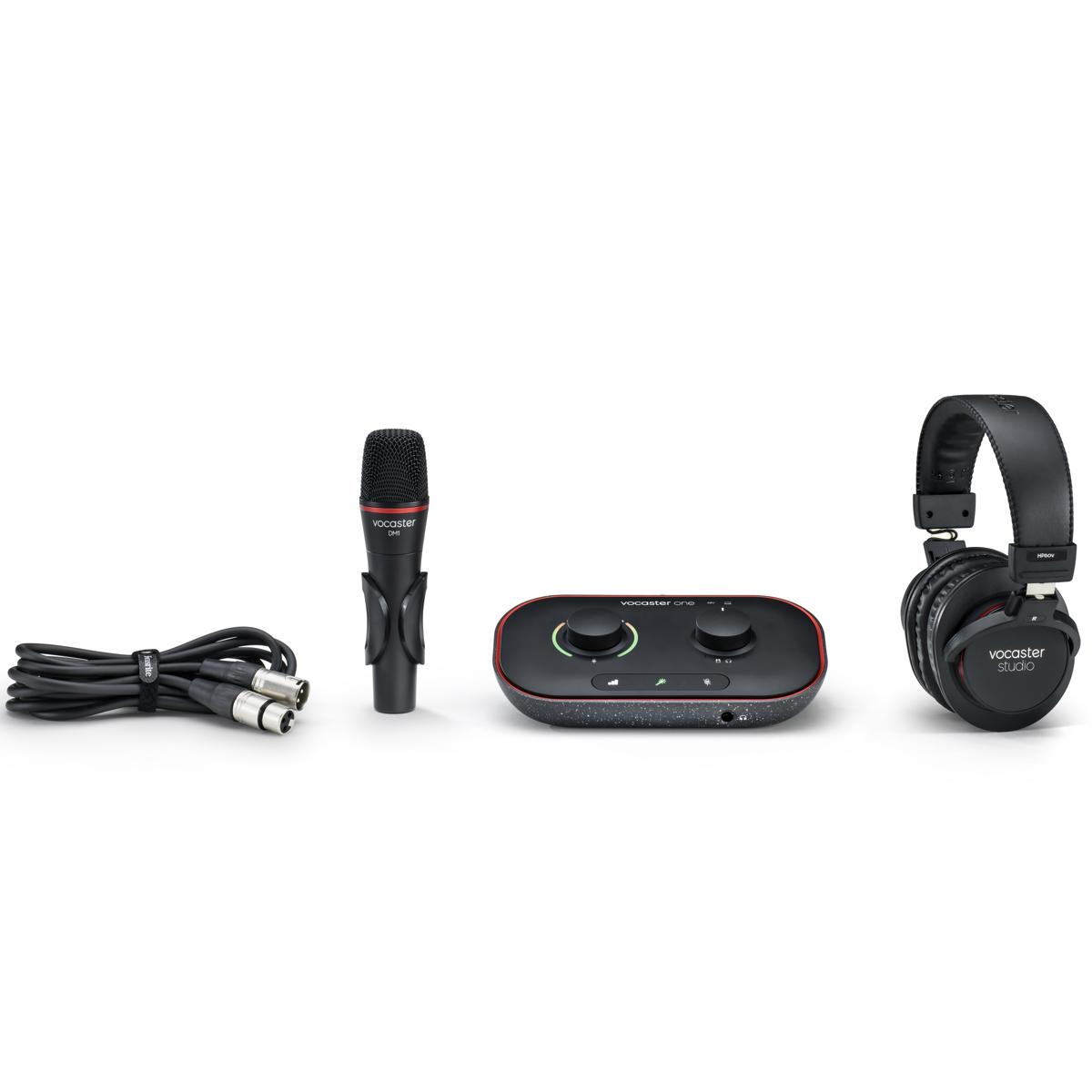 Focusrite Vocaster One Studio Essential Podcasting Kit with Vocaster DM1 Microphone and HP60v Headphones, Bundle with H&A Broadcast Arm