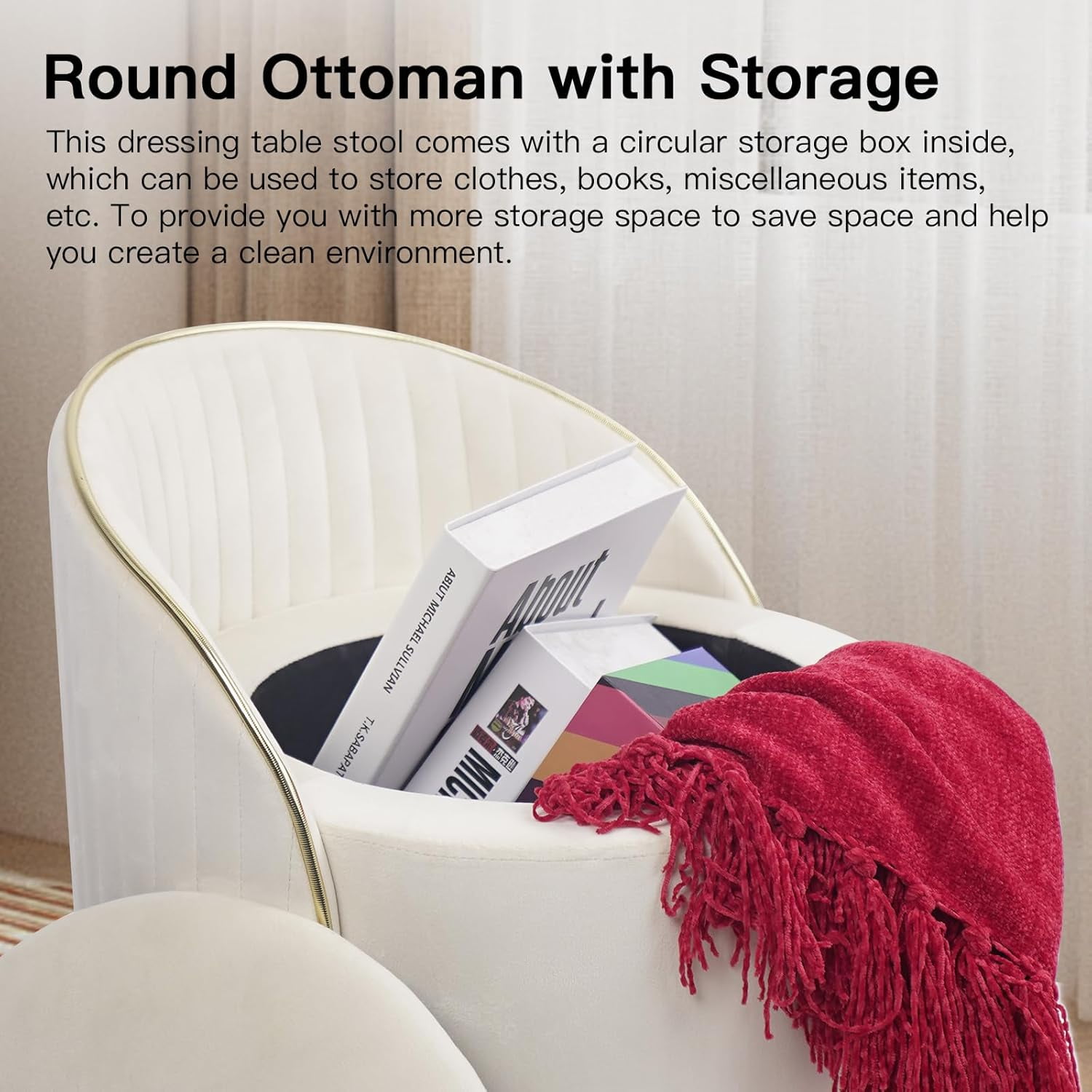Round Storage Ottoman, Upholstered Velvet Vanity Stool with Lumbar Support, Swivel Rolling Wheels, Small Foot Stools Coffee Table Padded Seat for Makeup Room, Living Room, Bedroom Beige