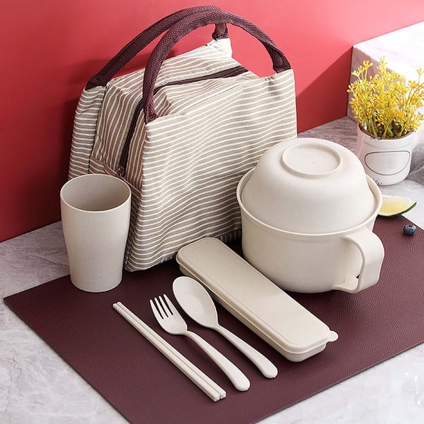 Juego de tazones de fideos de bambú a prueba de microondas beige con palillos, cuchara, tenedor, taza y bolsa térmica