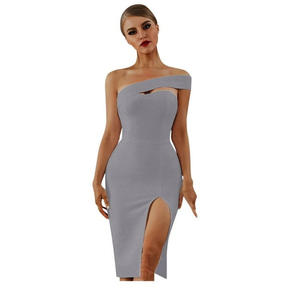 KaLI_store Formal Dresses for Women Womens One Shoulder Long Sleeve Dresses Bodycon Ruched Wrap Split Party Formal Long Dress Grey,L
