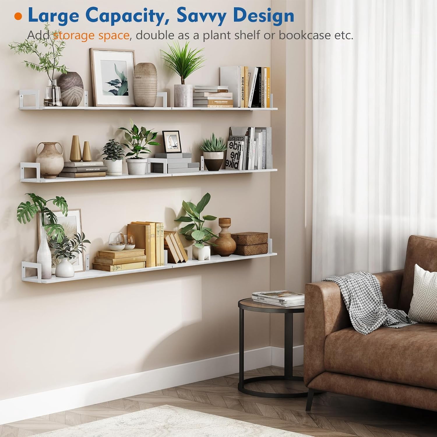 White Floating Book Shelves for Wall, 36 Inch Wall Bookshelf for Kids Bedroom, Large Deep Hanging Shelves with Metal Brackets for Living Room Office Décor Indoor Plants (3-Pack)