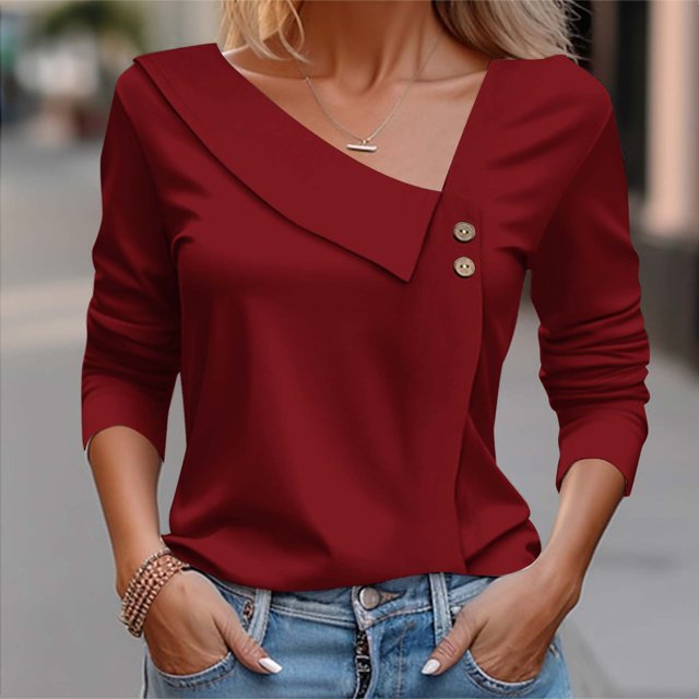Blouses pour Femmes Mode Décontractée Couleur Unie Blouse Boutonnée T-shirt Hauts Blouse