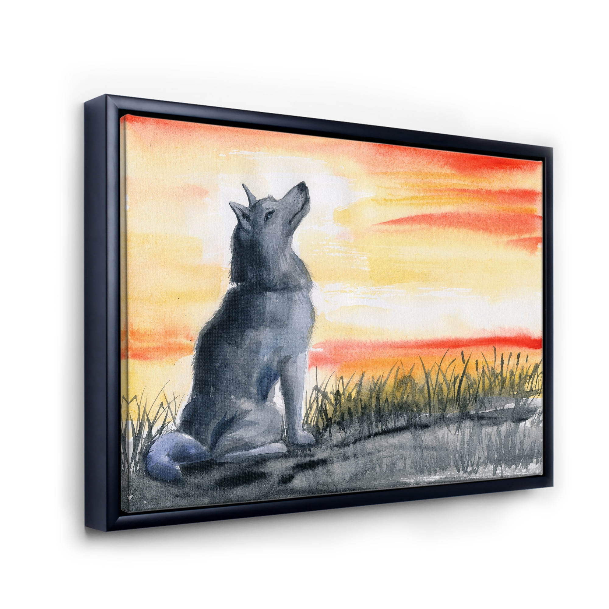 Designart 'Portrait Of Grey Wolf Howling At The Moon' Traditional Framed Canvas Wall Art Print