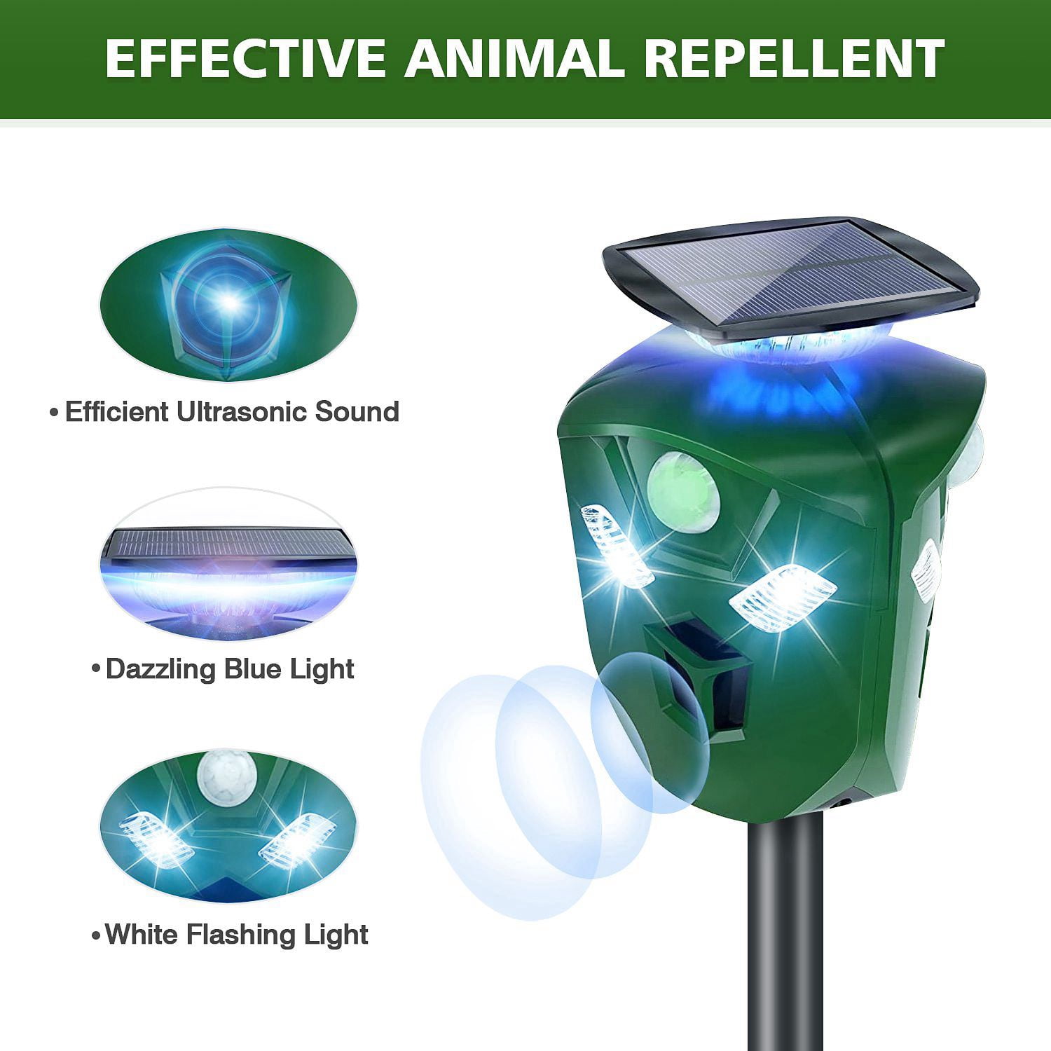 Solar Powered Ultrasonic Animal Repeller Waterproof Outdoor, iMounTEK 360° Ultrasonic Animal Repeller with Motion Sensor LED Flashing Lights, Pest Dog & Cat Repellent, for Farm Garden Yard