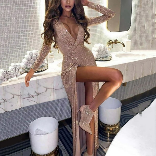 Vestido de lentejuelas de fiesta para mujer, Sexy, con escote en V