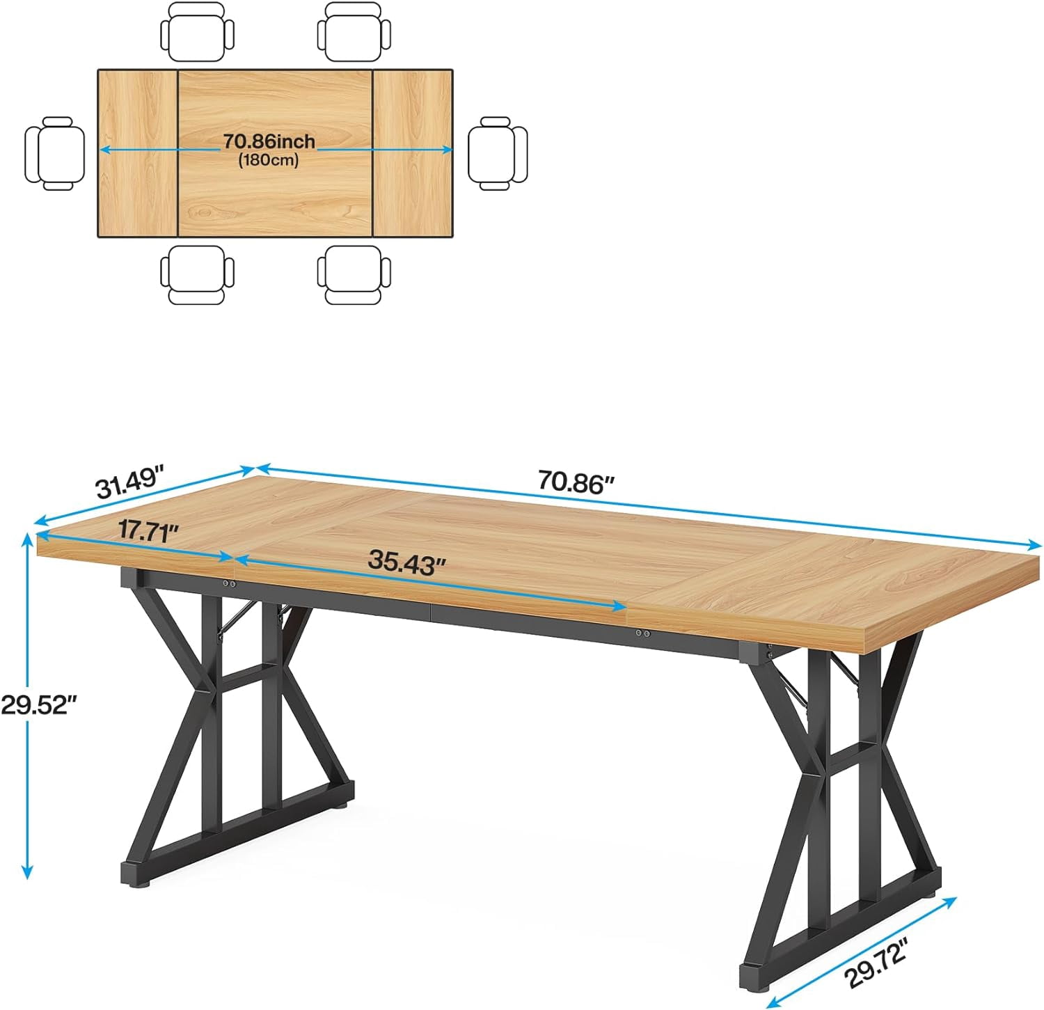 Tribesigns Farmhouse Dining Table for 6, 71" Rectangular Wood Kitchen Table (Light Walnut/Black)