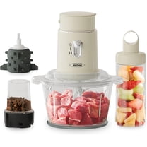 250W Electric Food Chopper, 4 in 1 Food Grinder for Grinding Meat, Peeling Garlic & Juicing, Variable Speed Blender and Food Processor Combo with 1.5L Glass Bowl & 2 Cups (0.4L 0.2L), Beige