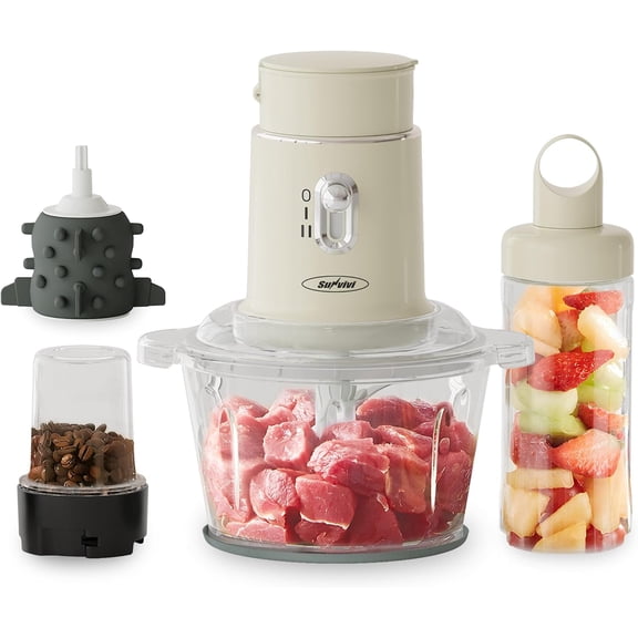 250W Electric Food Chopper, 4 in 1 Food Grinder for Grinding Meat, Peeling Garlic & Juicing, Variable Speed Blender and Food Processor Combo with 1.5L Glass Bowl & 2 Cups (0.4L 0.2L), Beige