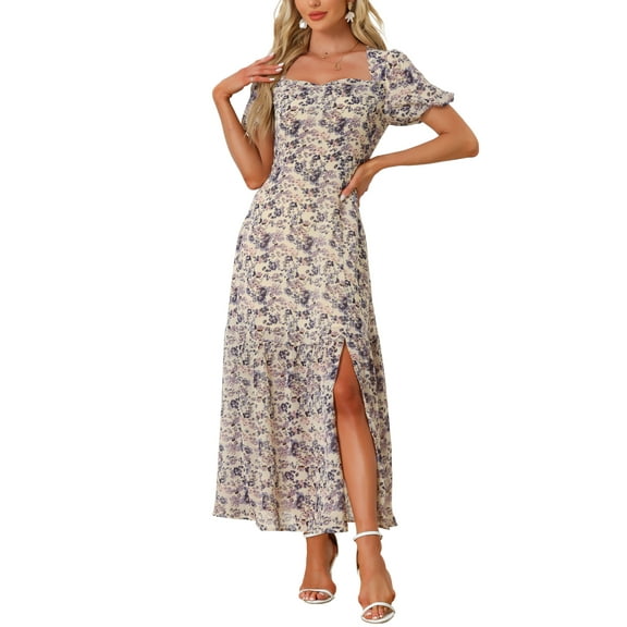 INSPIRE CHIC Women's Floral Patterned Smocked Square Neck Ruffle Swing Beach Boho Maxi Dress XS Beige Purple