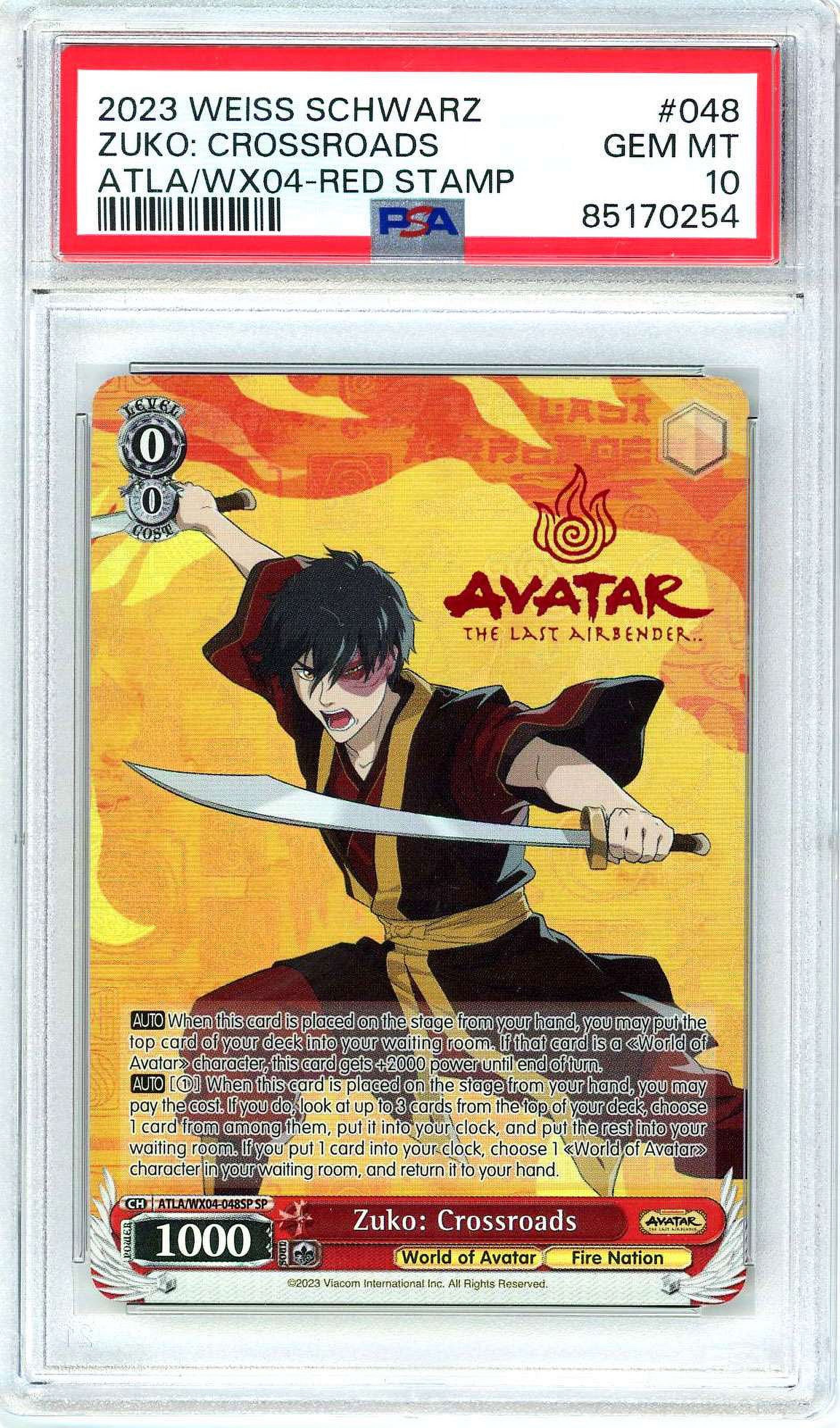 Weiss Schwarz Avatar: The Last Airbender Special Rare Zuko: Crossroads ATLA/WX04-048SP (PSA Gem Mint 10, Red Stamp)