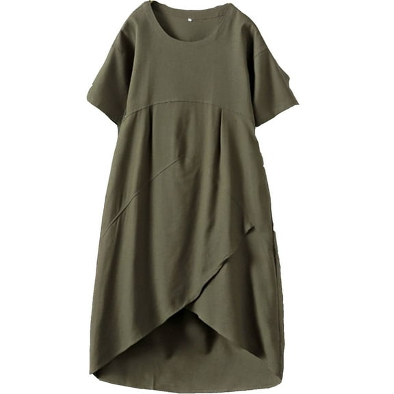 Women's Cotton Linen Dresses Irregular Hem Shirt Dress with Pockets Armygreen L
