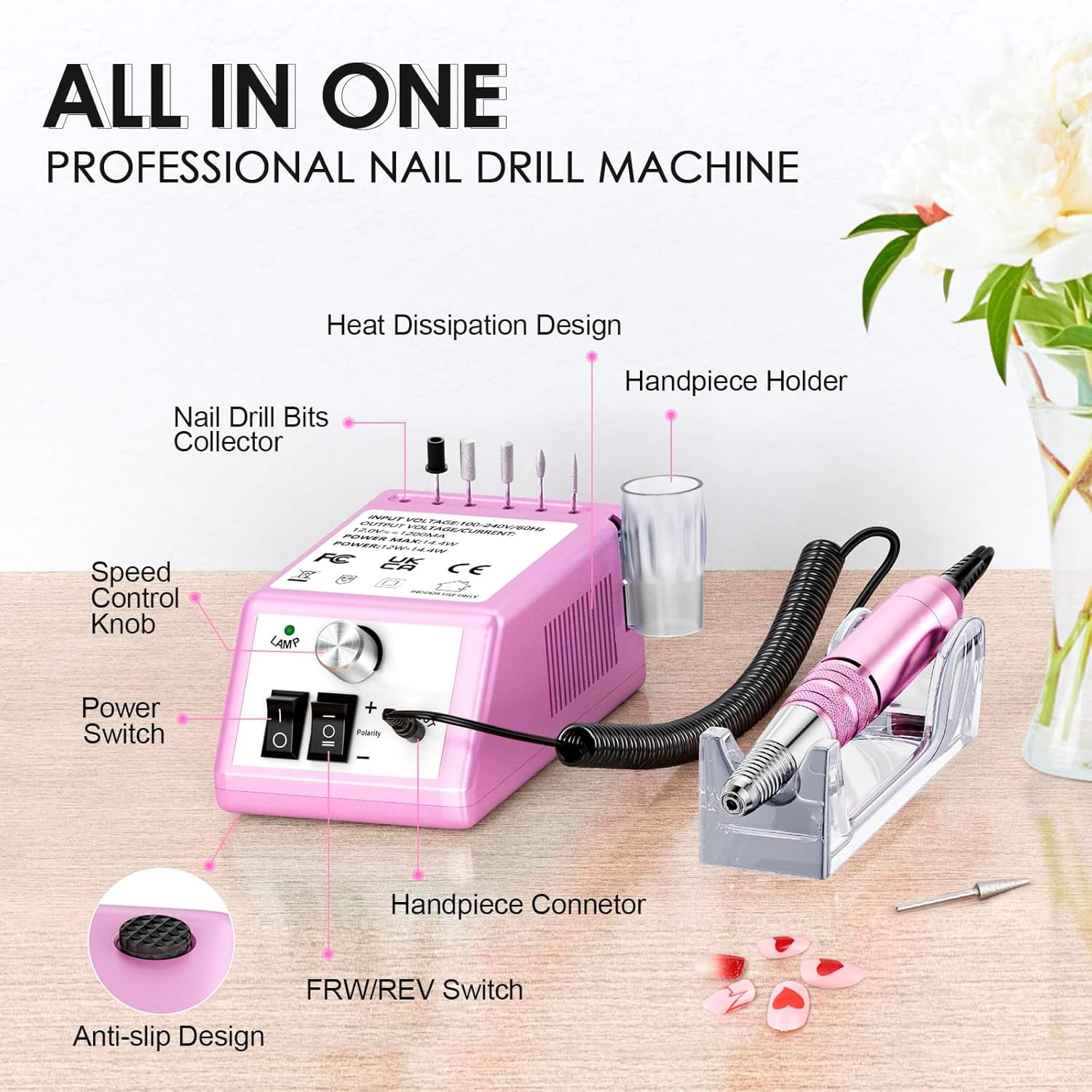 Professional Electric Nail Drill Kit, 30000 RPM Manicure Pedicure Machine with 6 Bits & 100 Sanding Bands, Pink