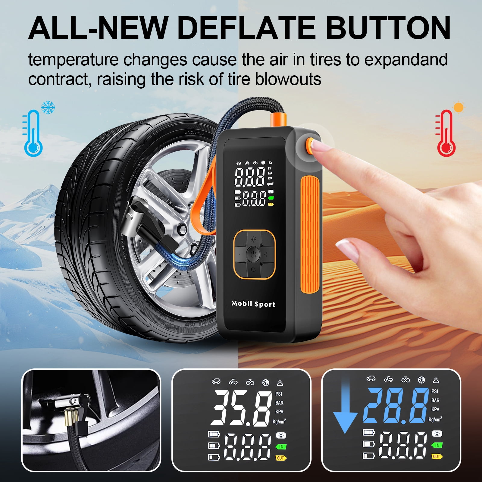 Tire Inflator Portable Air Compressor, 180 PSI Air Pump For Car Tires with Digital Pressure Gauge, LED Light and Auto Shut-Off Function - Cordless Pump for Car, Motorcycle, Bicycle, Balls and More