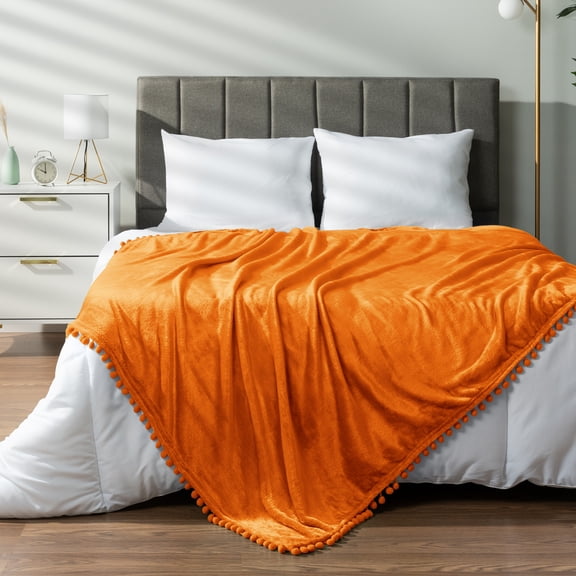 PAVILIA Fleece Throw Blanket for Couch with Pom Pom Fringe, Orange Fall, Soft Cozy Fuzzy Flannel Blanket for Sofa Bed, Large Lightweight Plush All Season Throw, 60x80 Inches