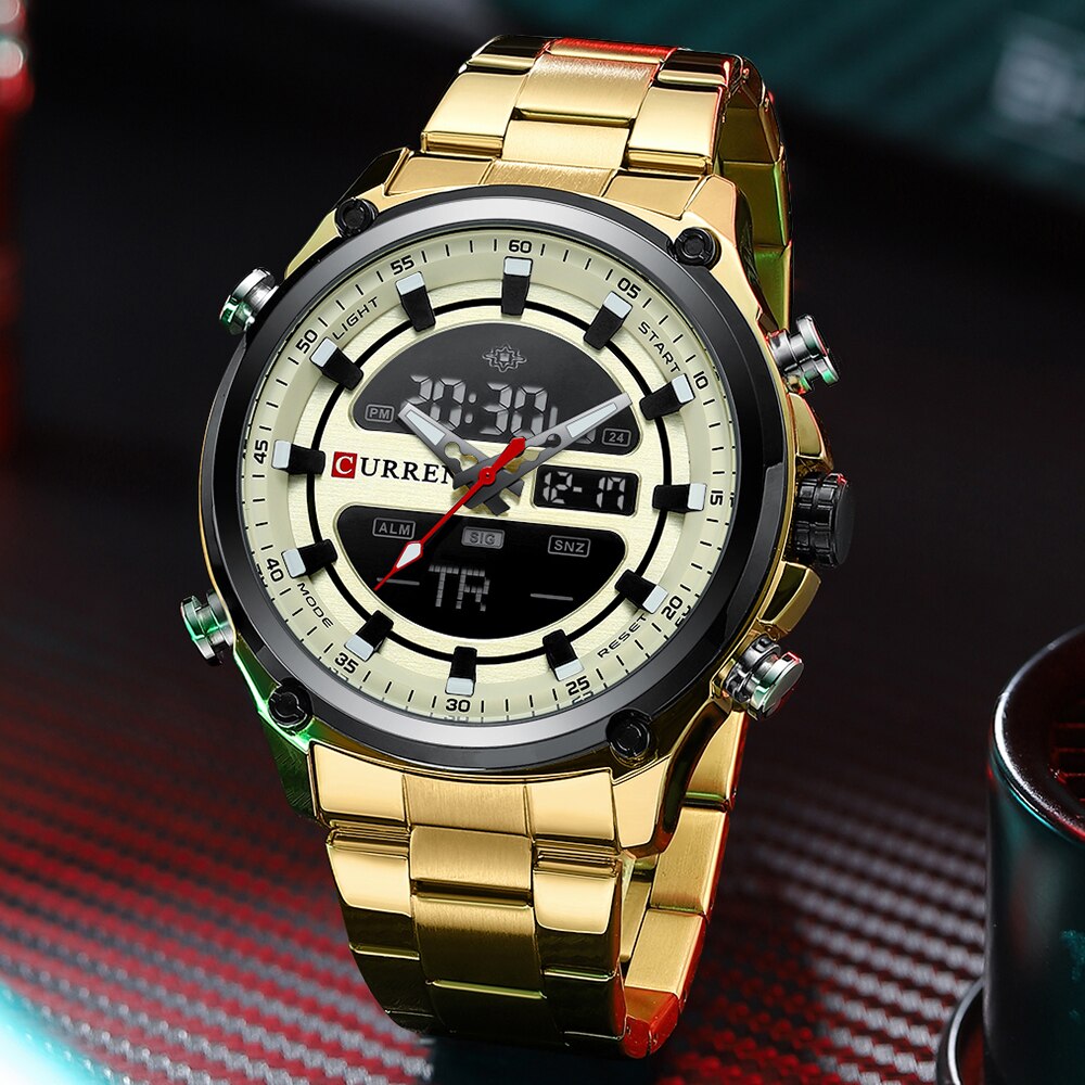 Curren Sport Quartz Digital Watches For Men Led Luminous Multifunction Stainless Steel Wristwatches Dual Display Clock Male - Quartz Wristwatches
