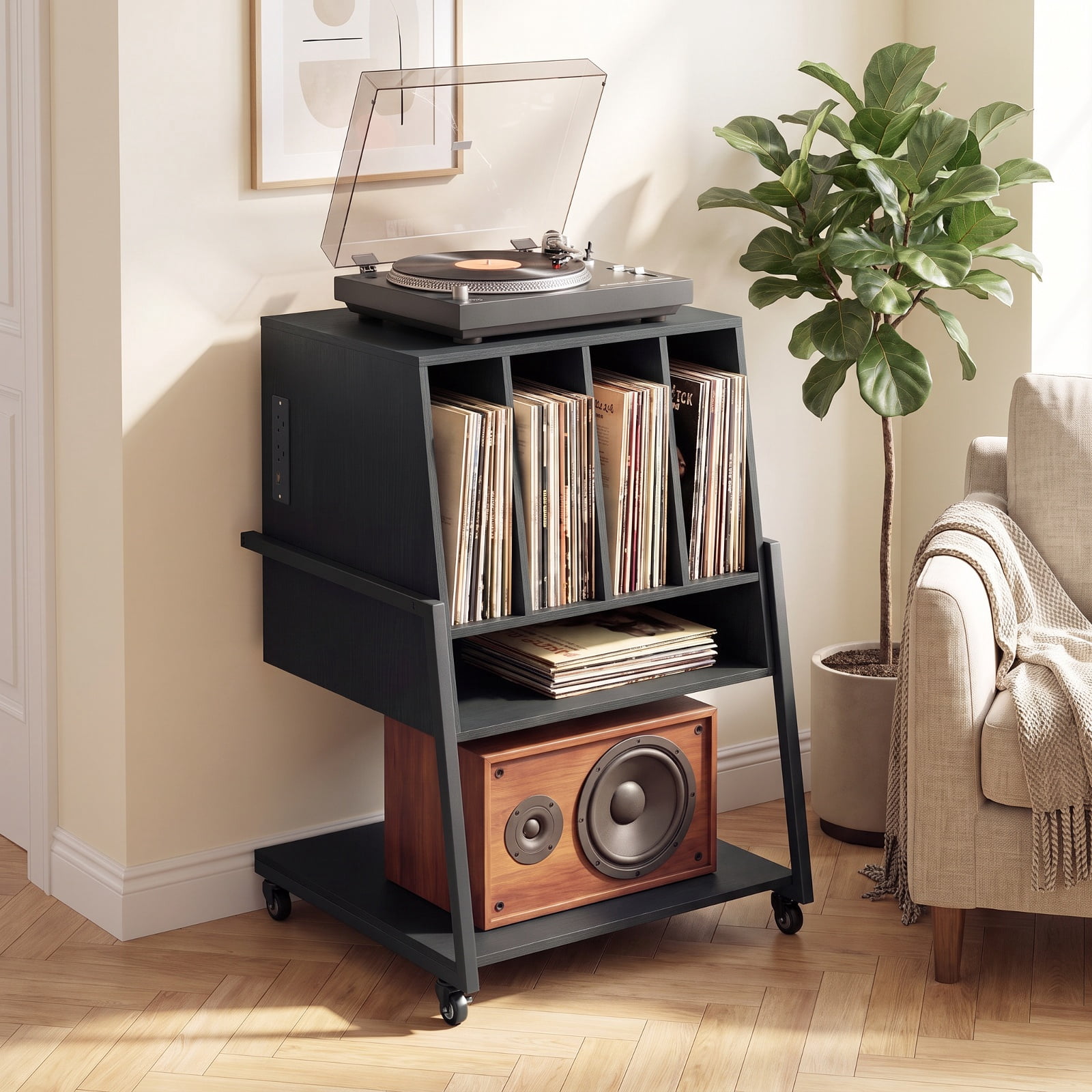 Furnibear Record Player Stand on Wheels Rolling Turntable Stand with Power Outlets USB Type-C Ports and Record Storage, Black
