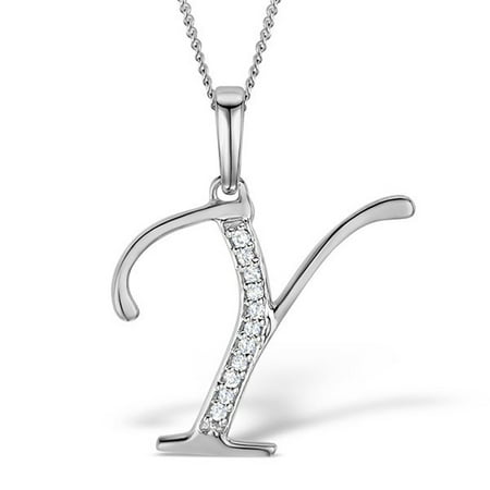 Trillion Designs Sterling Silver 0.05Ct Round Cut Natural Diamond Initial Y Symbol Pendant Necklace