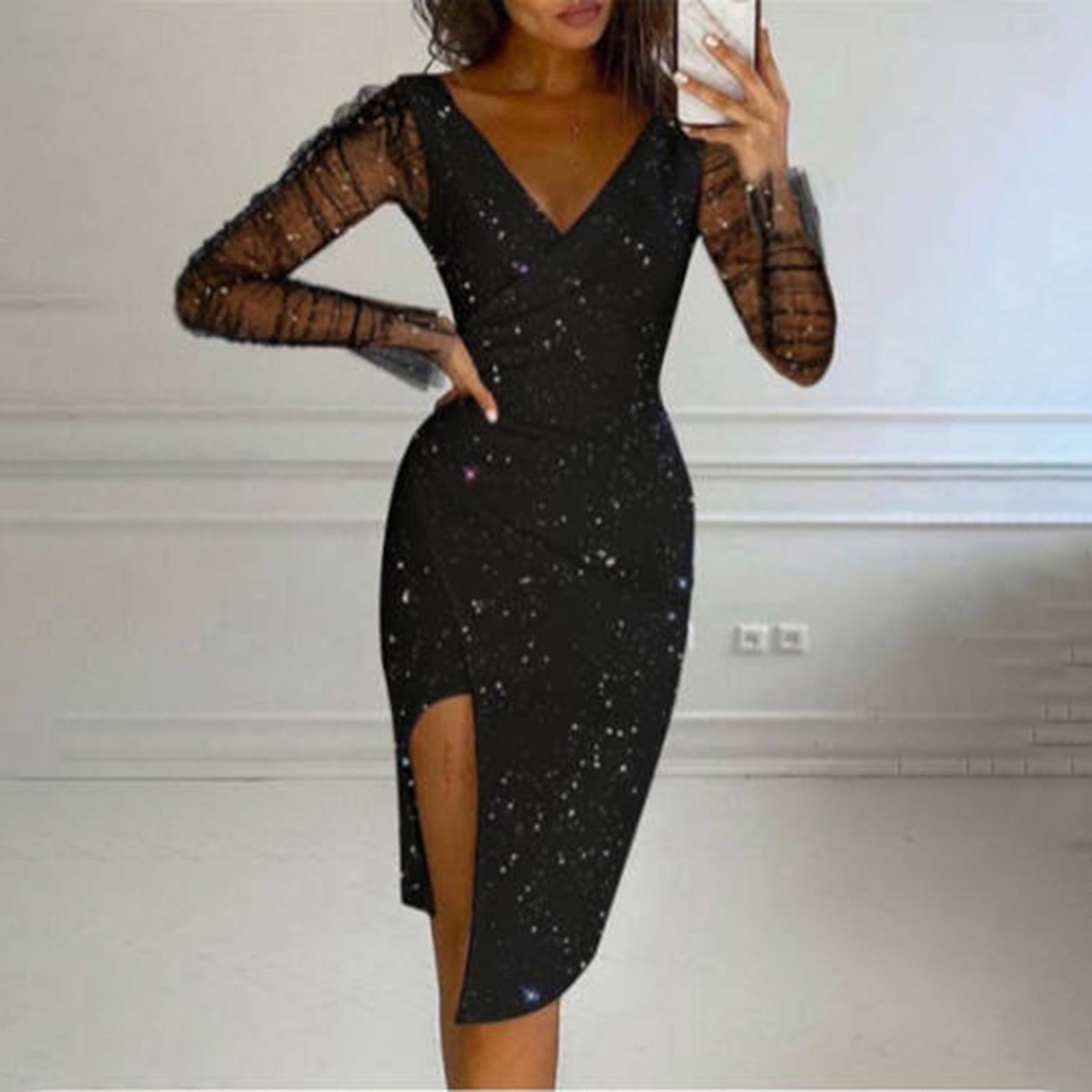 JIANJIA Casual Dresses For Womens Solid Color Sexy See Through Mesh Sheer Long Sleeve Bodycon Party Cocktail Dress Activewear,Black,L