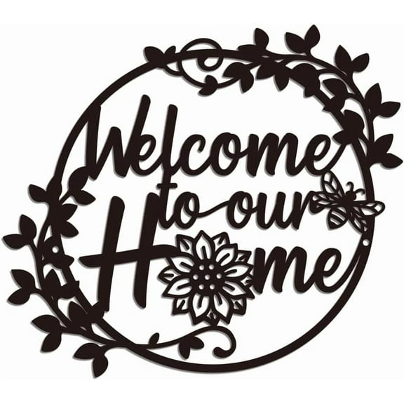 Welcome to Our Home Sign Metal Wall Art Decor Welcome Word Wall Art Sign Wall Art Plaque Home Decor for Front Door Rustic Home Farmhouse Apartment Outdoor 11.8x10.4 Inch Black